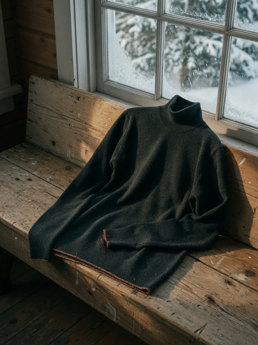 Merino mock neck on a pine bench in window light